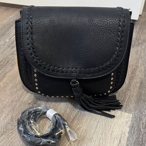 Black Leather Crossbody Bag with Tassel
